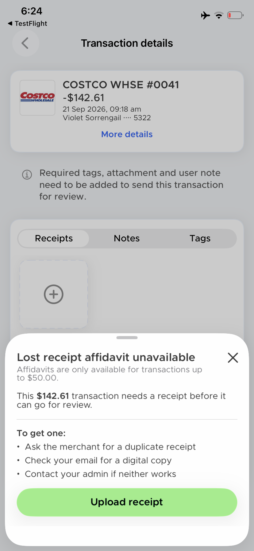 Lost receipt affidavit unavailable sheet explaining the maximum amount and offering Upload receipt