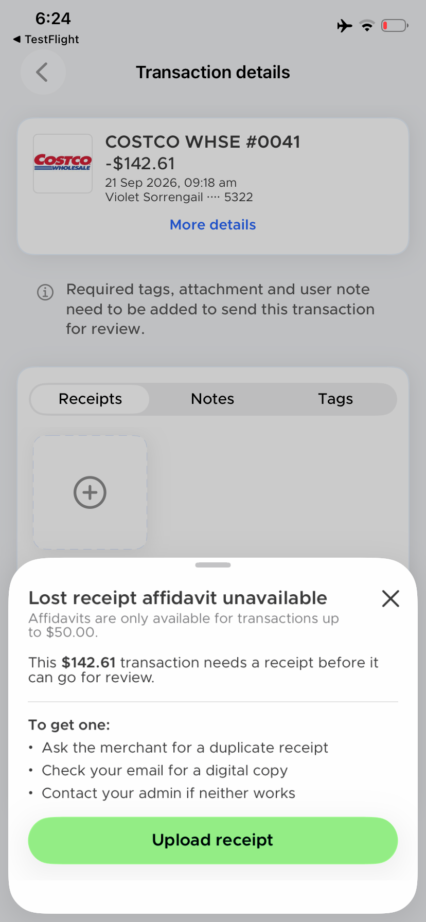Lost receipt affidavit unavailable sheet explaining the maximum amount and offering Upload receipt