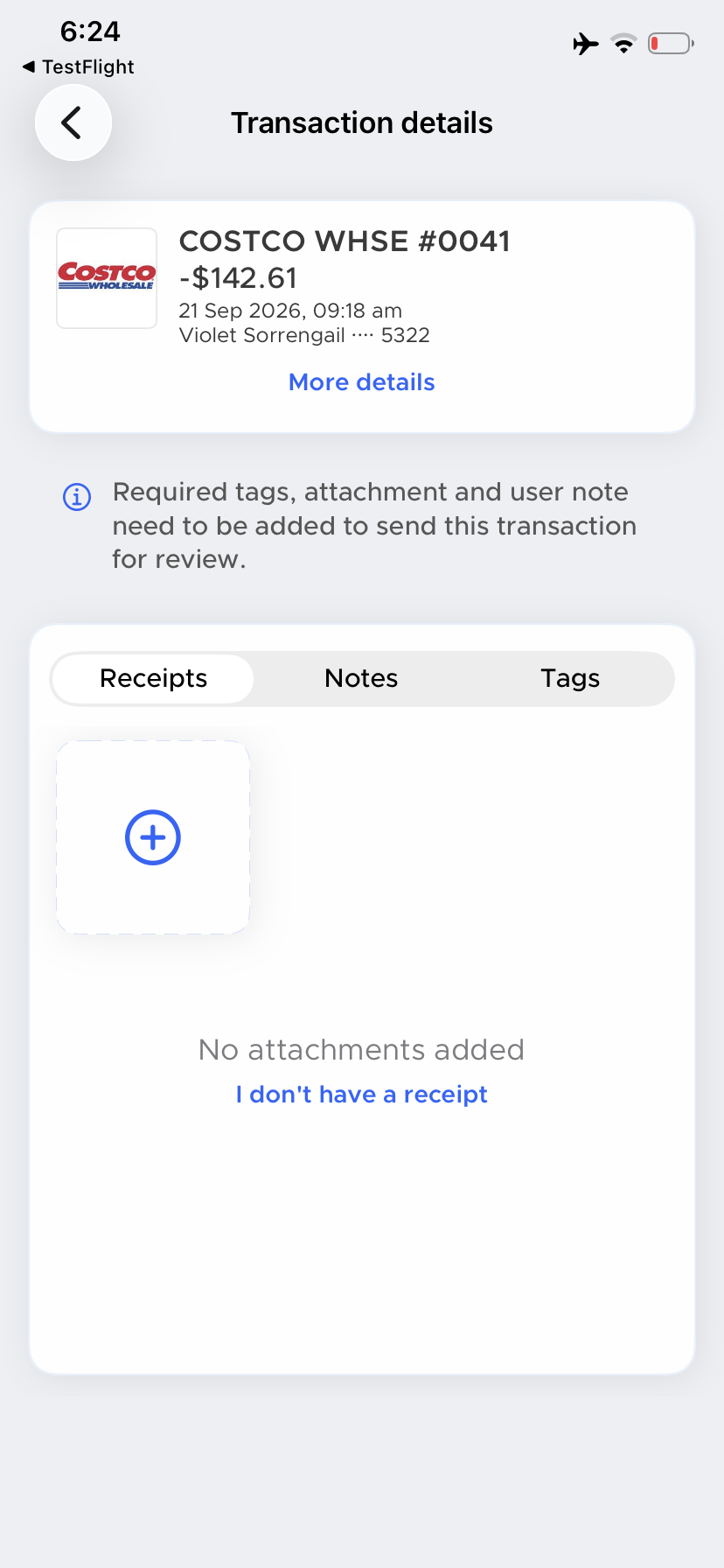 Transaction details with the Receipts tab showing No attachments added and the I don't have a receipt link