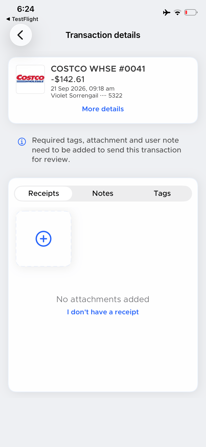 Transaction details with the Receipts tab showing No attachments added and the I don't have a receipt link