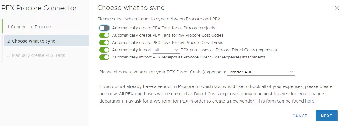 Select Procore projects to sync
