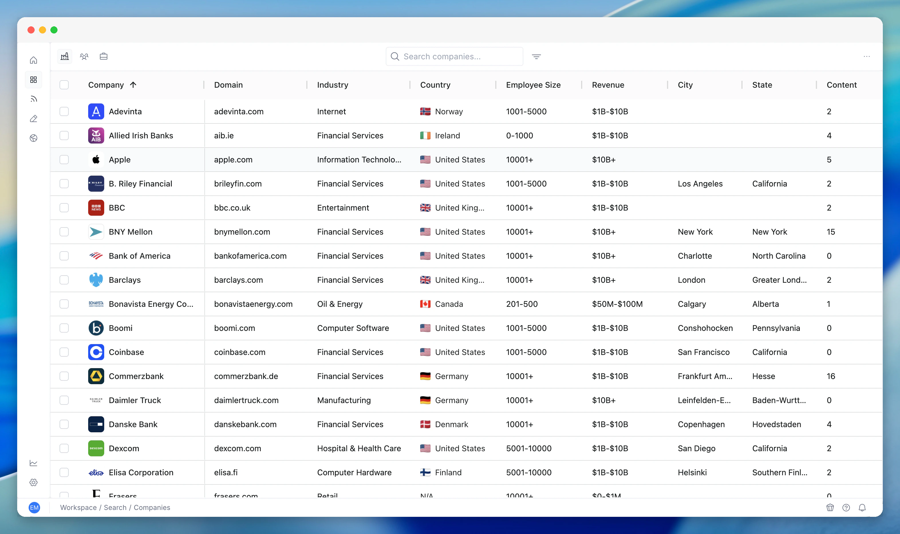 Workspace accounts list with filters