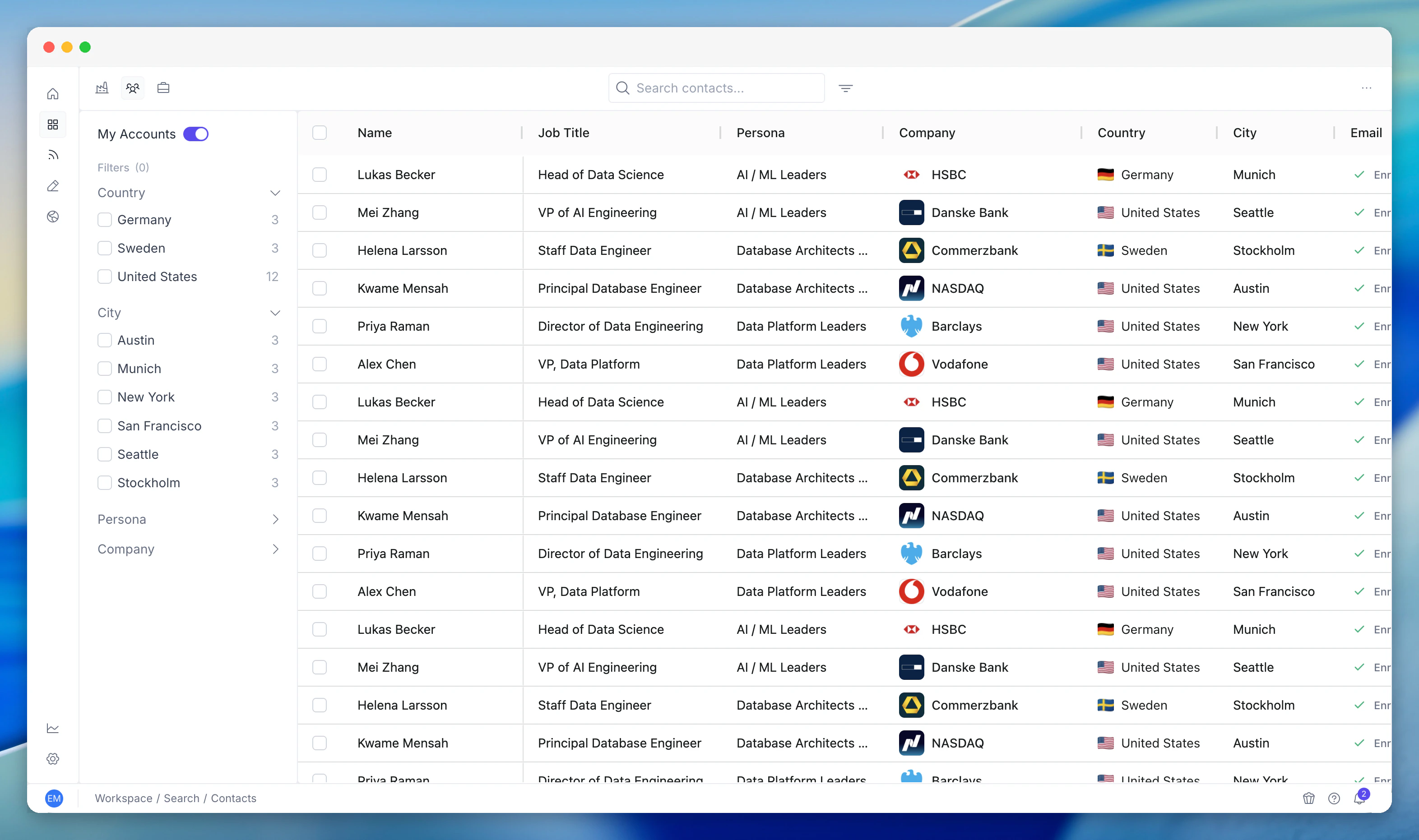 Workspace contacts list with filters