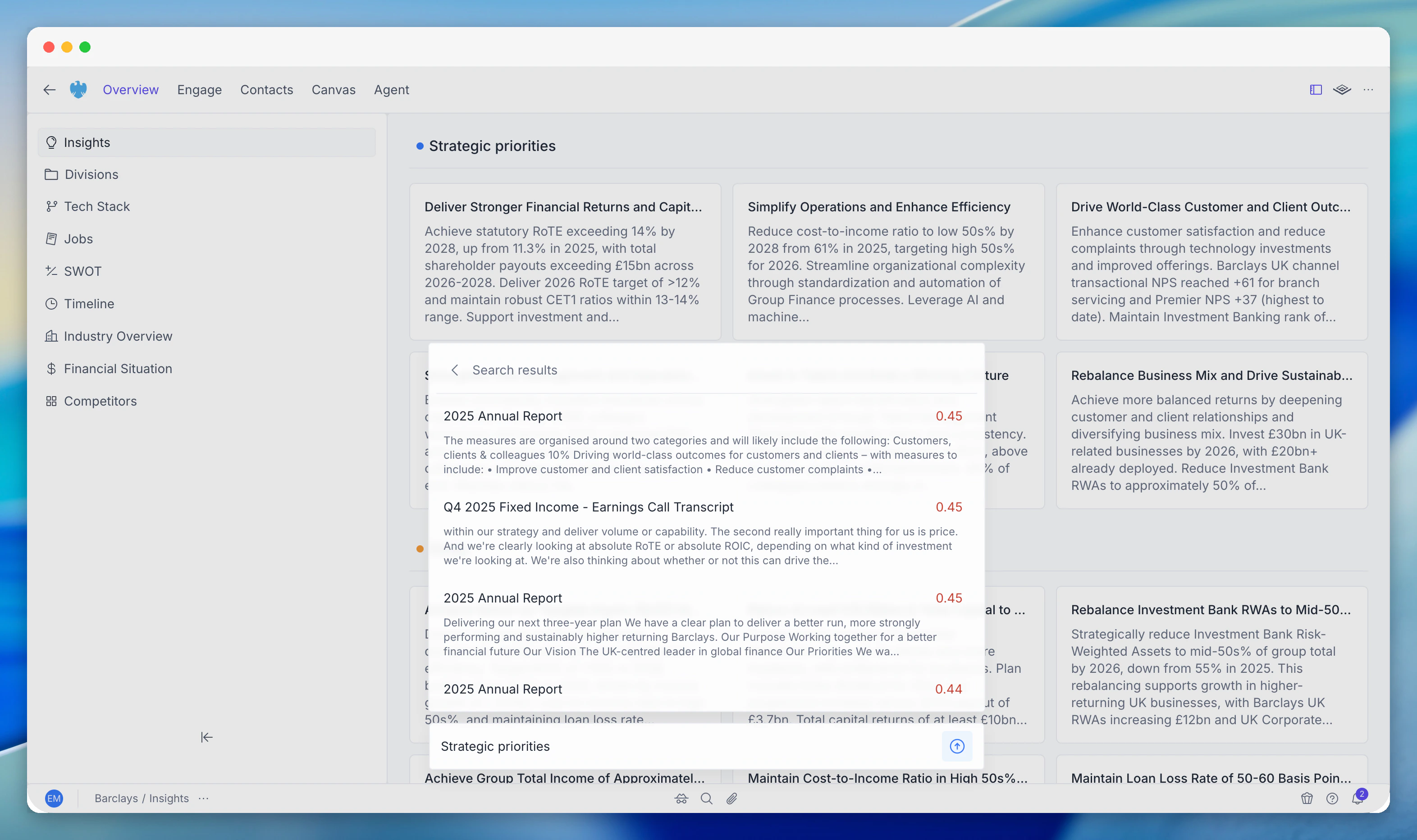 Account toolbar search results
