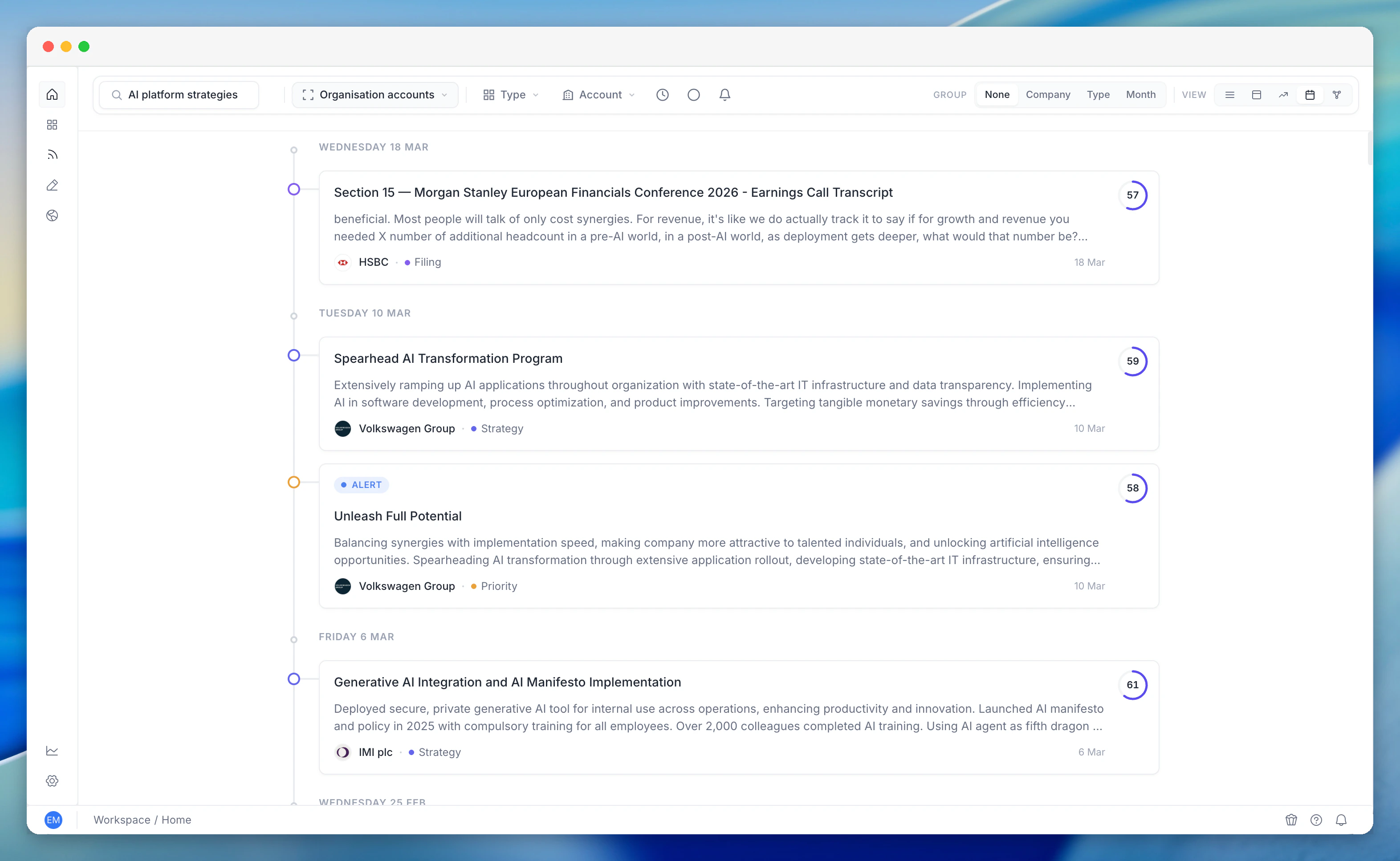 Company Timeline view in search results