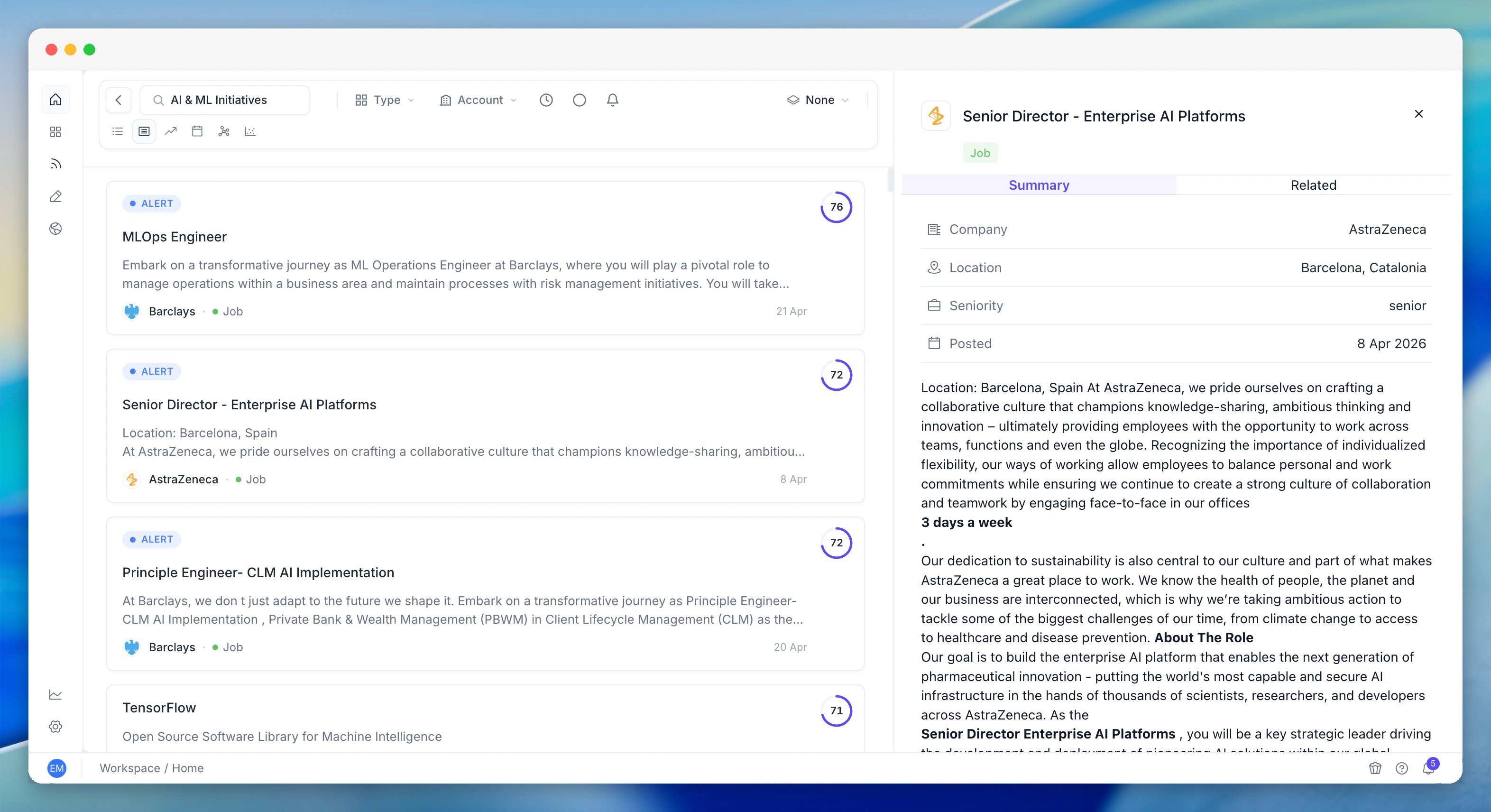 Unified Search result with job detail in the sidebar