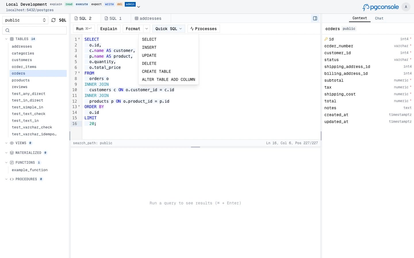 Quick SQL menu