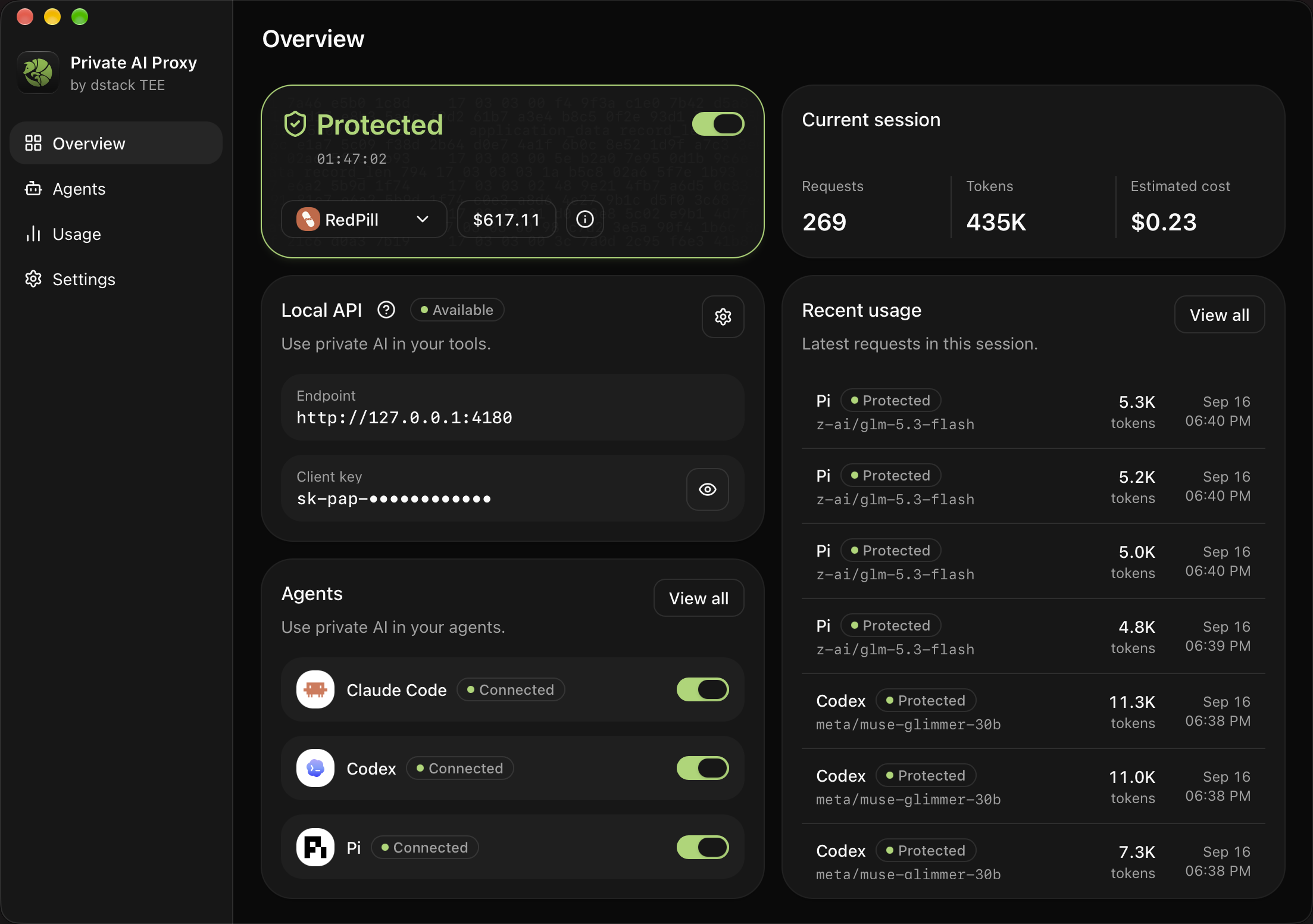 Private AI Proxy overview screen, dark theme