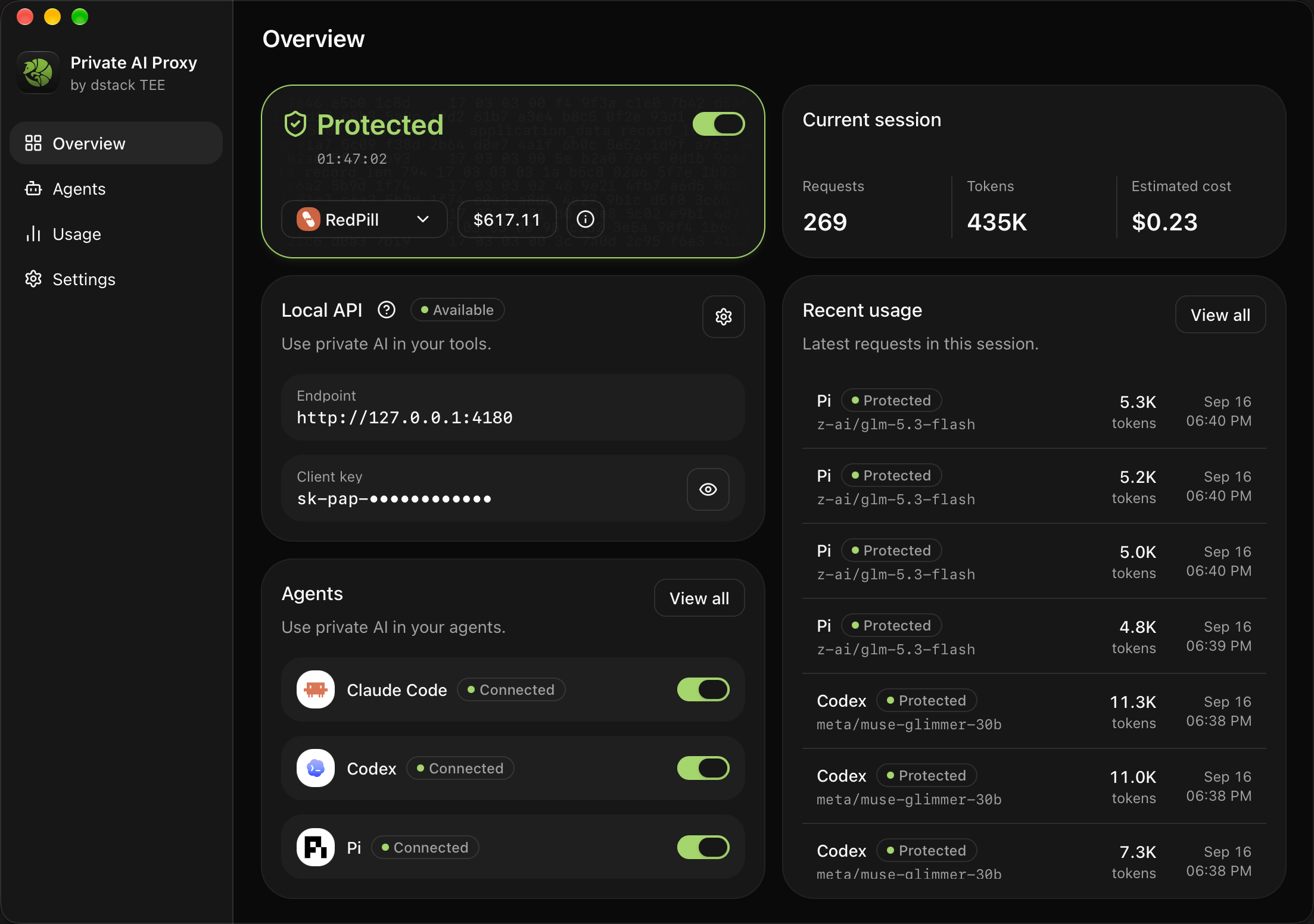 Private AI Proxy overview screen, dark theme