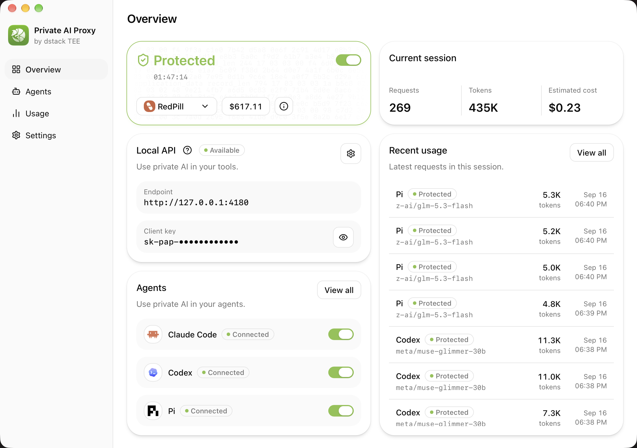 Private AI Proxy overview screen, light theme