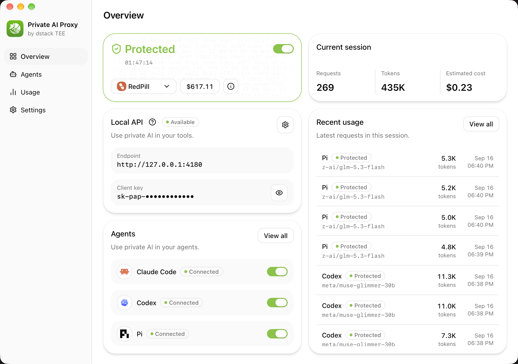 Private AI Proxy overview screen, light theme