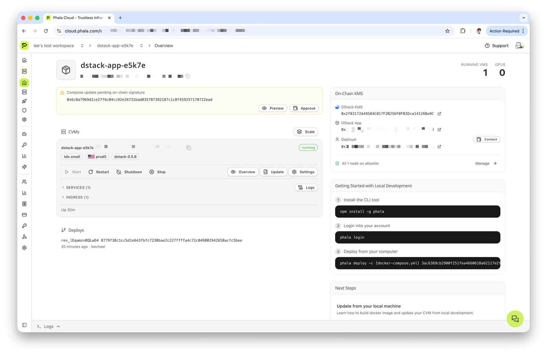 App overview with On-Chain KMS sidebar