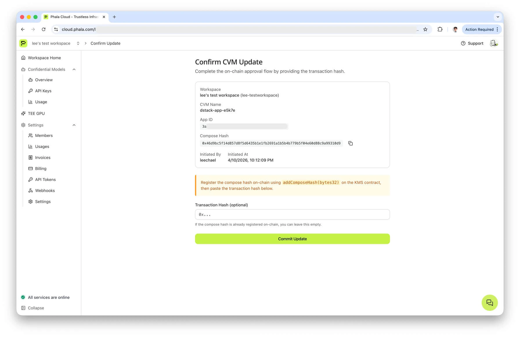 Confirm Update page with compose hash and transaction hash input