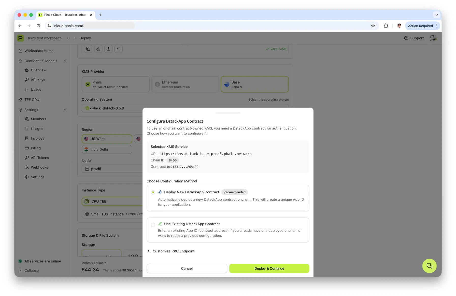 Configure DstackApp Contract with Deploy New selected