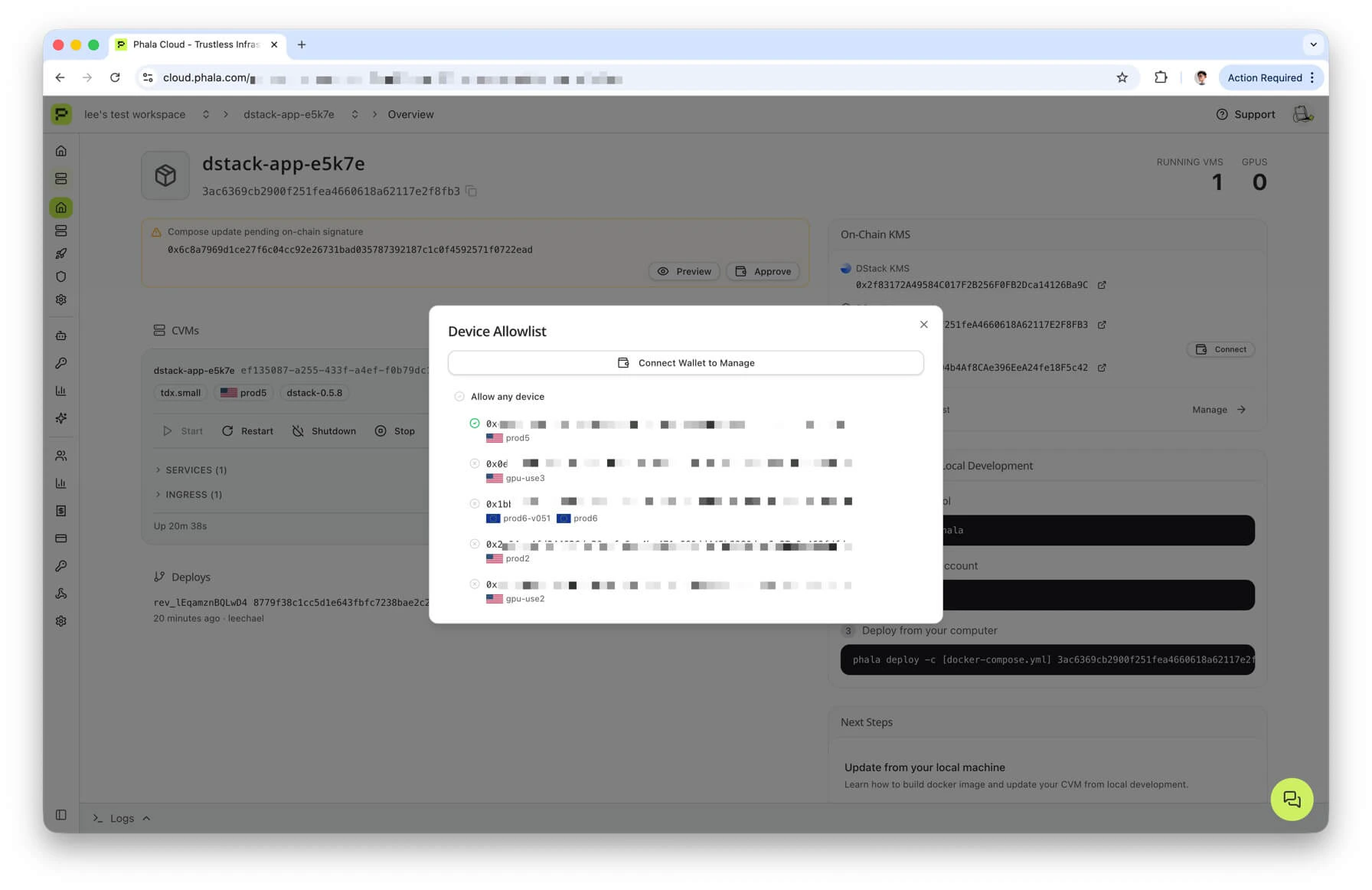 Device Allowlist section with Allow any device toggle and device rows