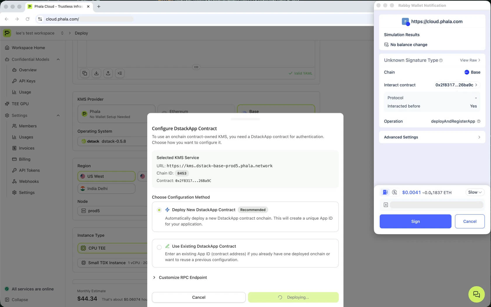Wallet popup showing deployAndRegisterApp transaction
