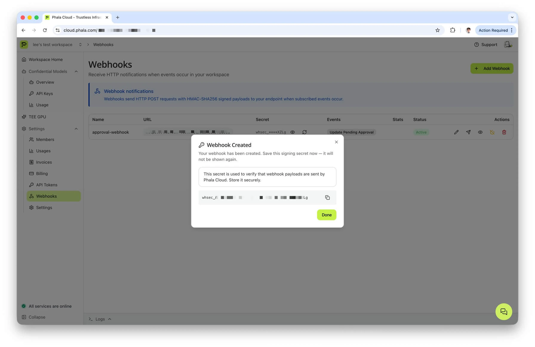 Webhook Created dialog showing the signing secret
