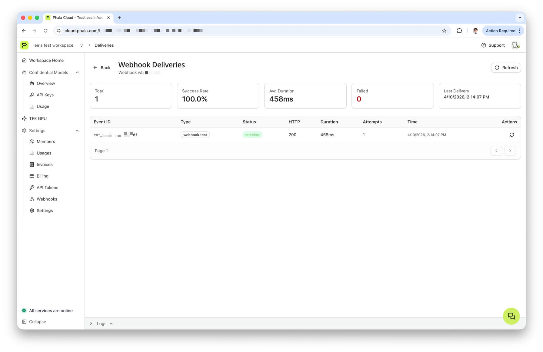 Webhook deliveries table with status badges, latency, and resend button