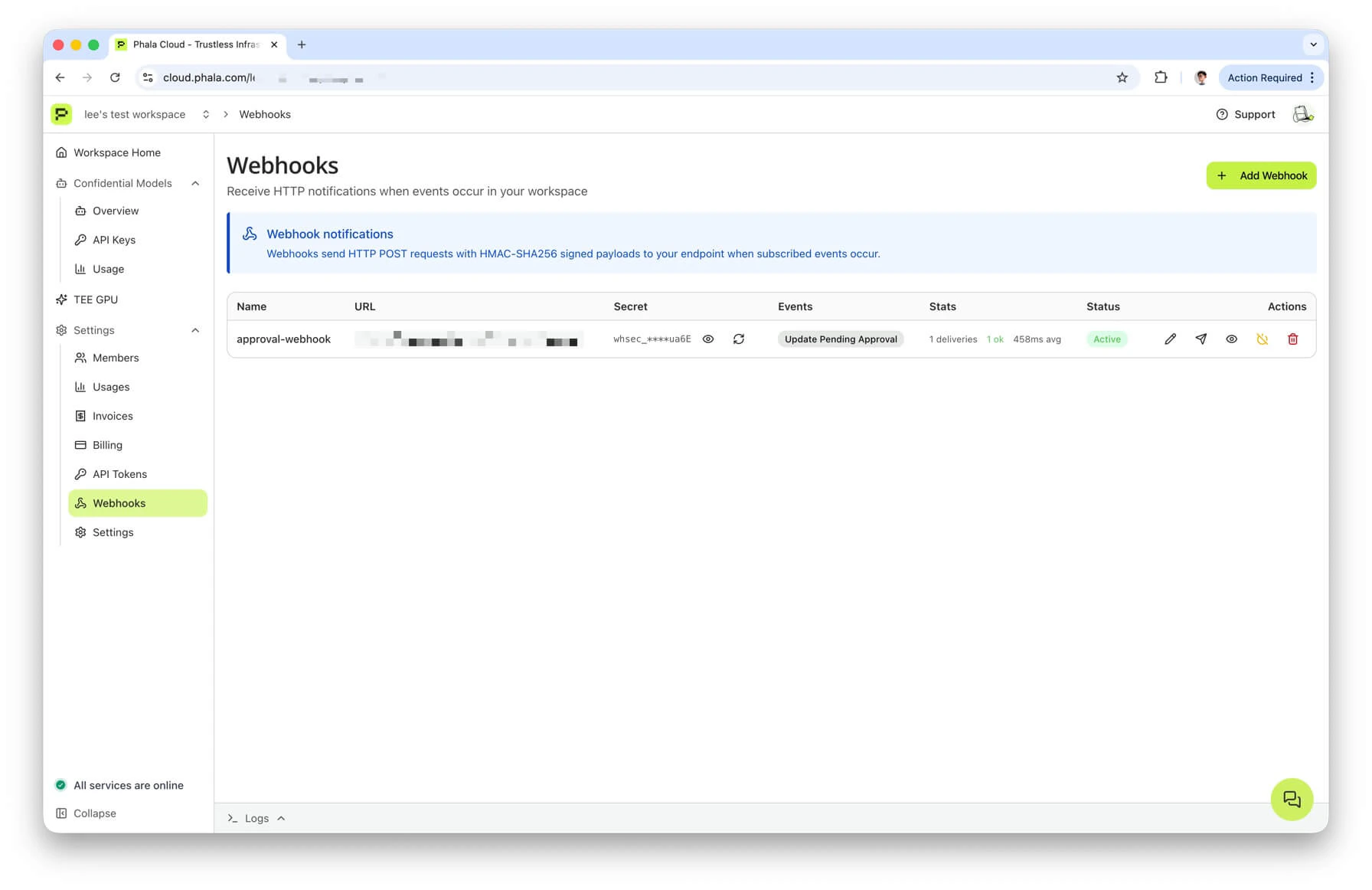 Webhook list with URL, masked secret, events, and stats columns