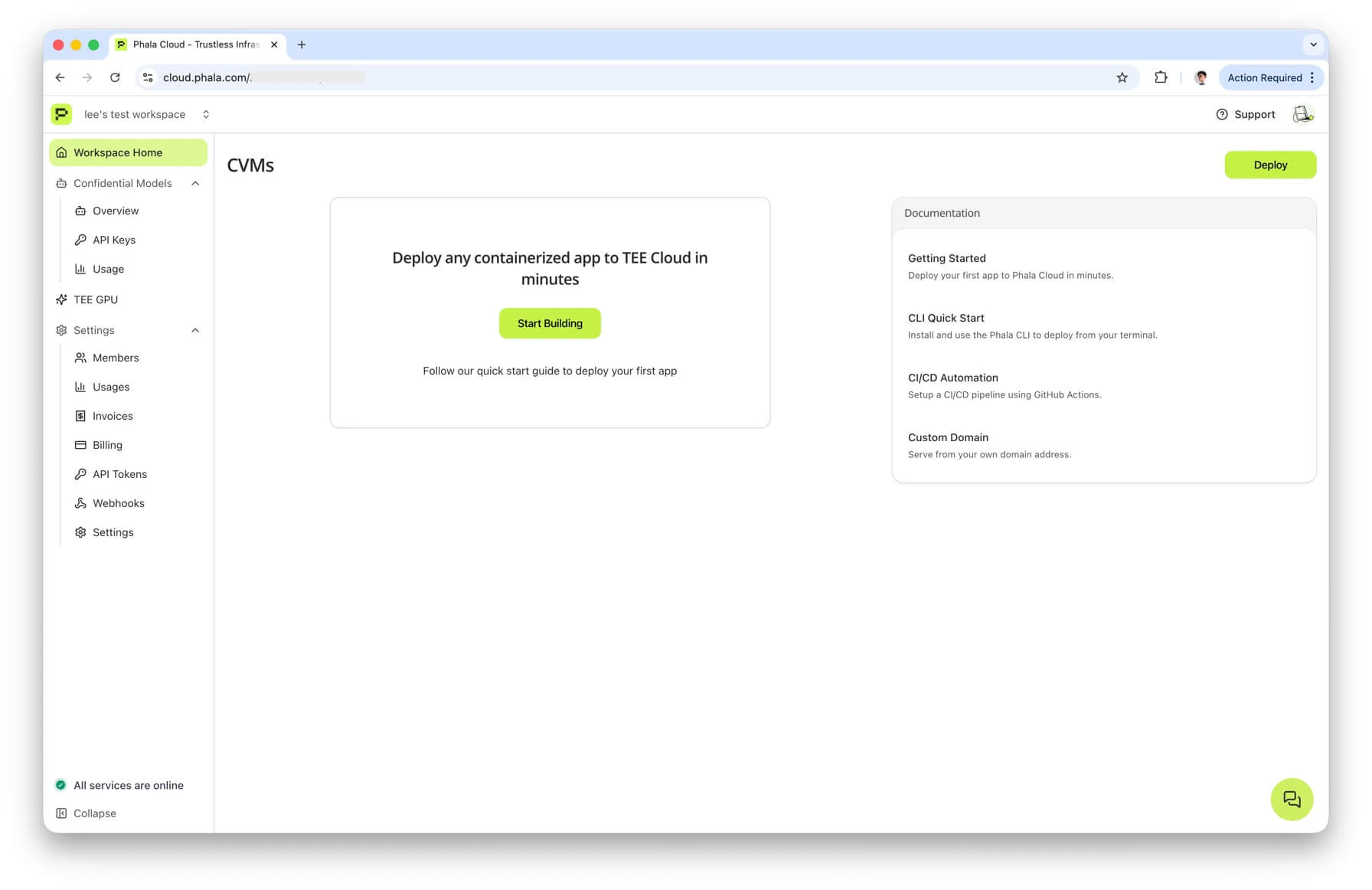 Workspace Home with Deploy button