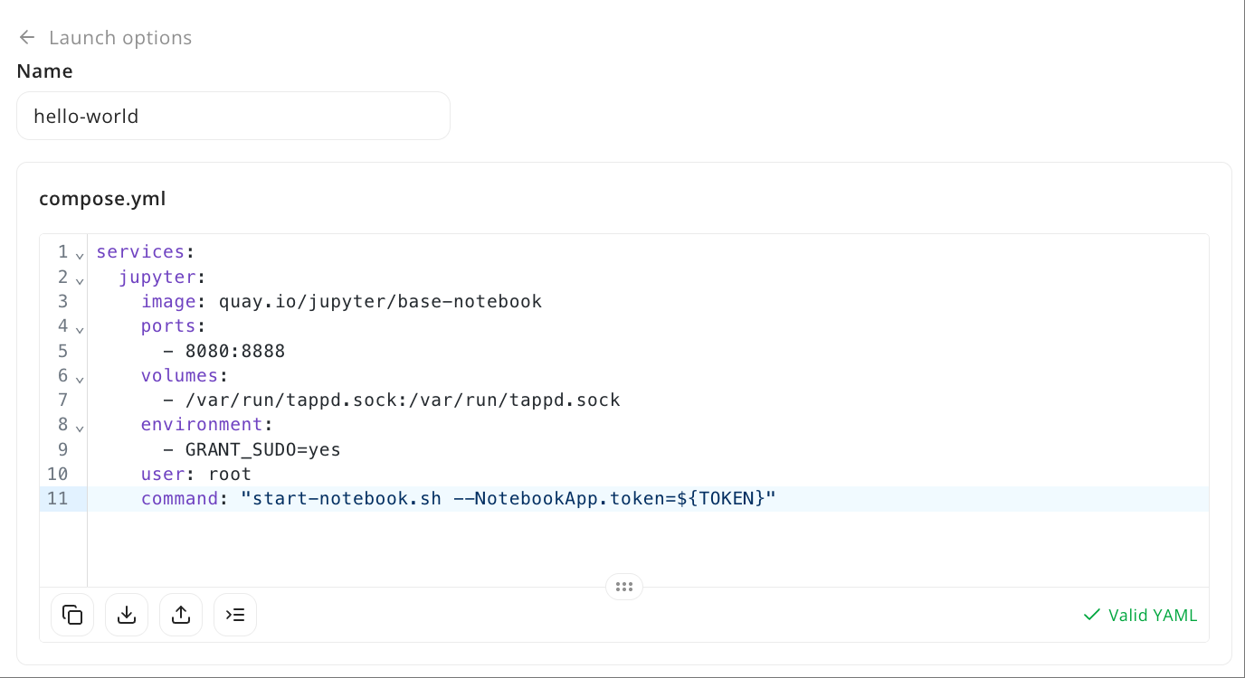 Deployment form showing application name field and Docker Compose configuration editor