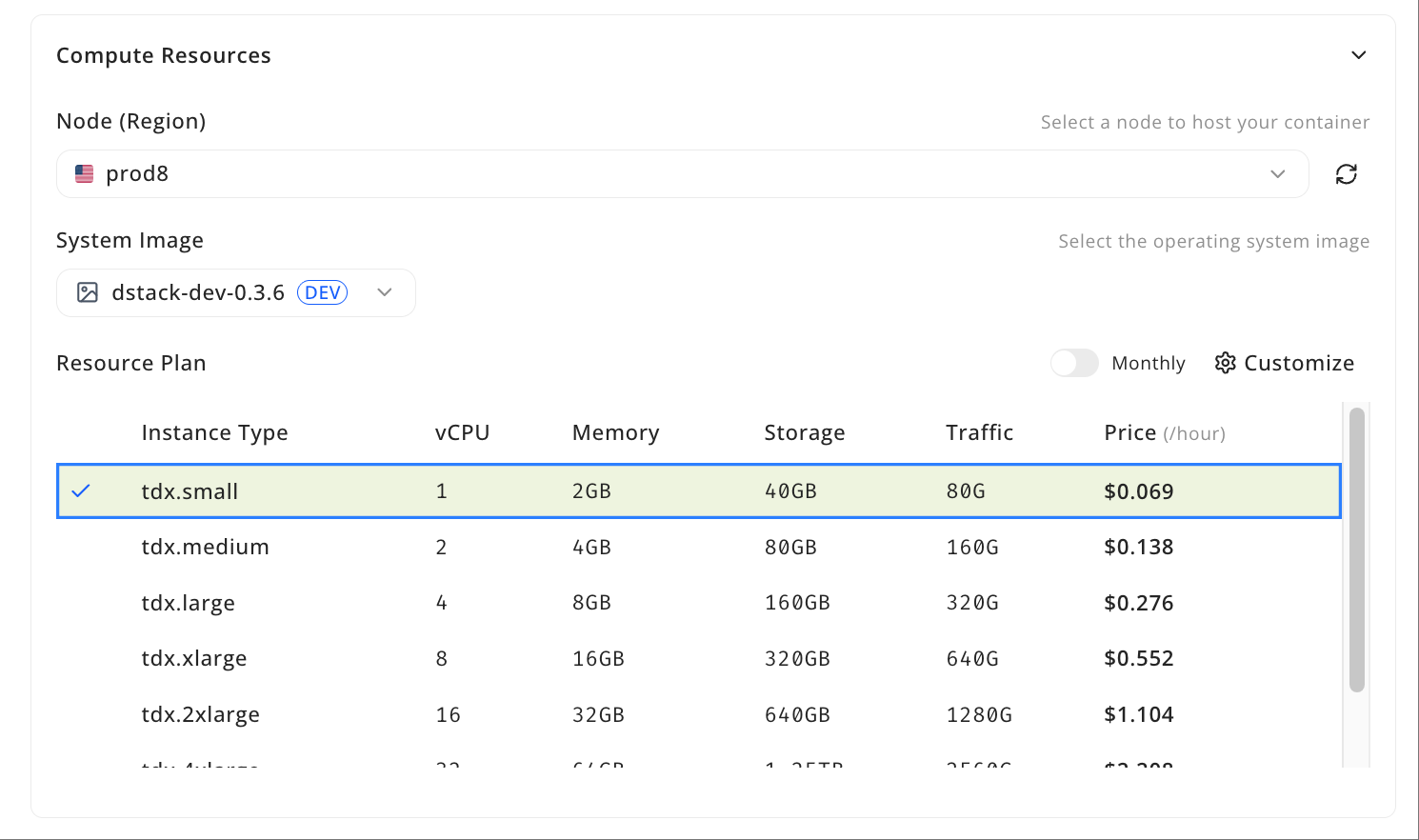 Computing resources selection showing preset plans and custom options with Node & Image settings