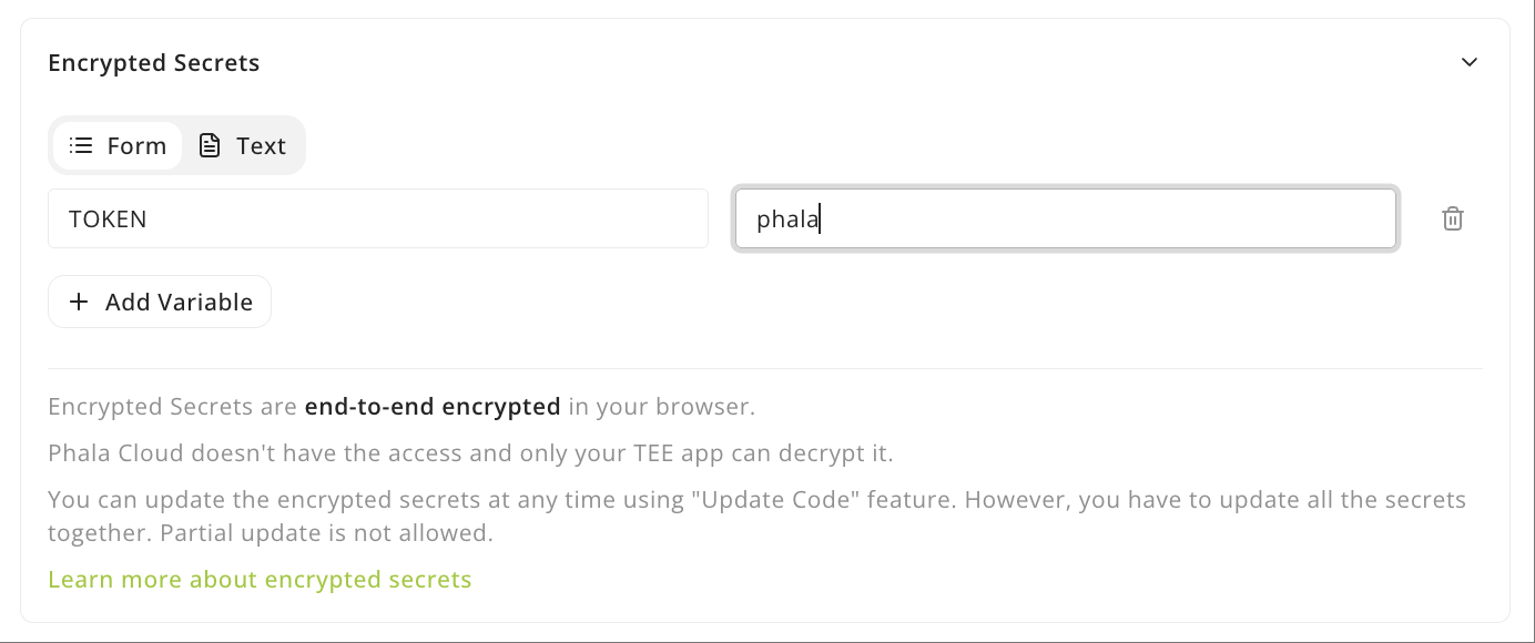 Encrypted Secrets configuration interface showing TOKEN variable set to phala