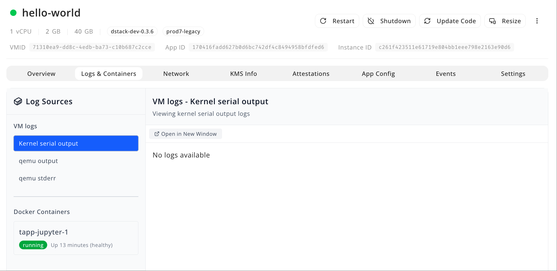CVM details page showing serial console logs with boot sequence output