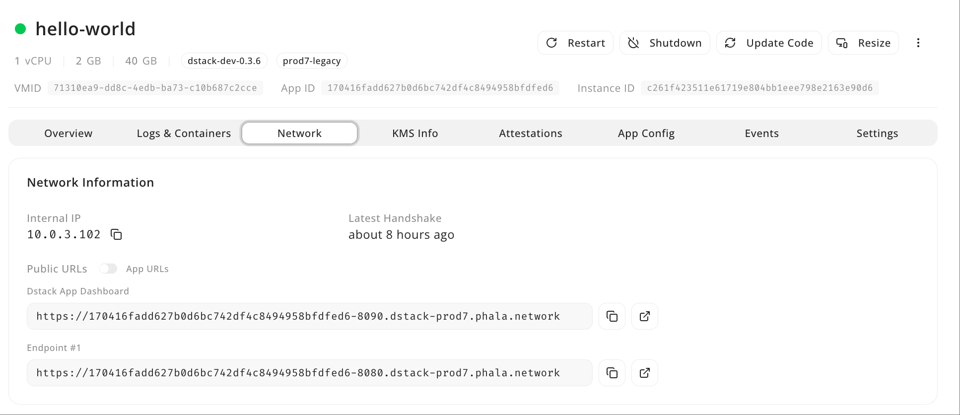 Network tab showing public HTTPS endpoint URL with App ID and port number