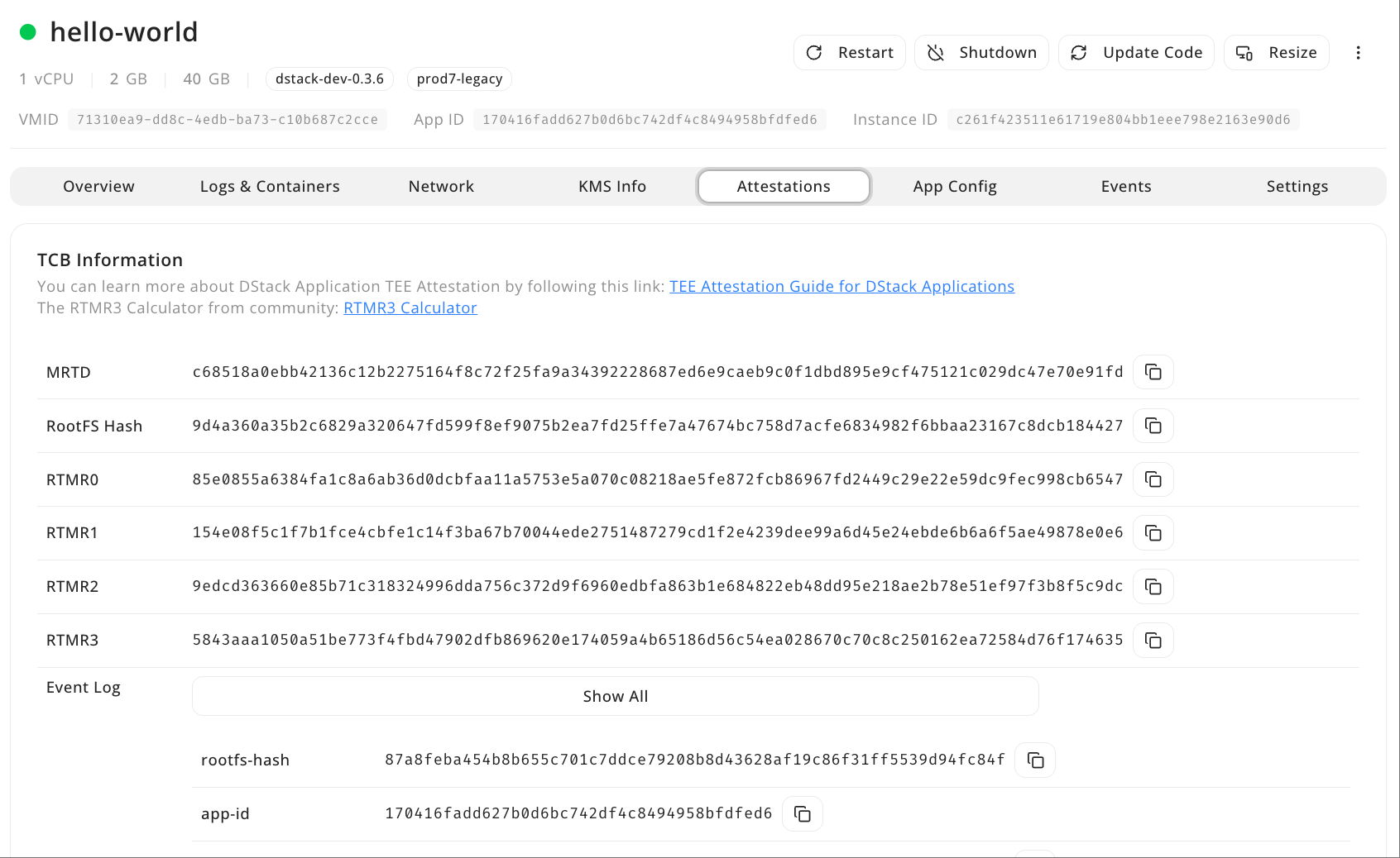 CVM Attestations tab displaying Remote Attestation Report with certificate chain