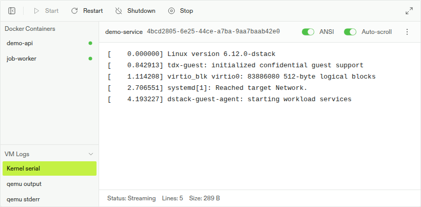 CVM log drawer with VM Logs expanded, Kernel serial selected, and boot output streaming