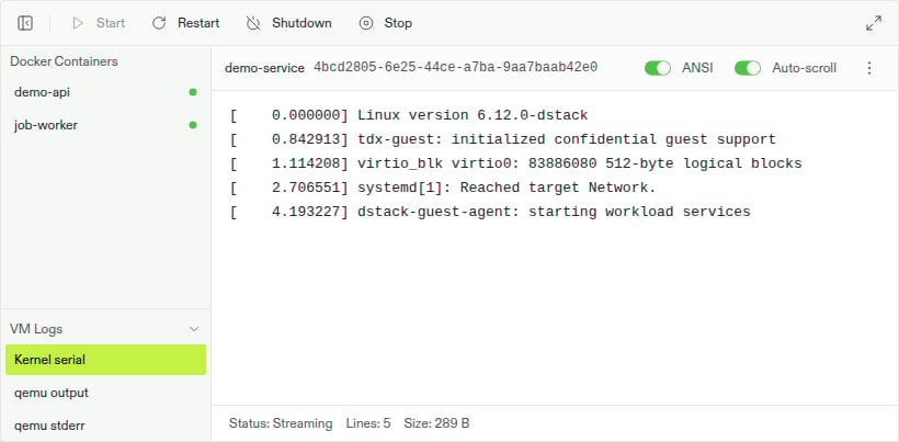 CVM log drawer with VM Logs expanded, Kernel serial selected, and boot output streaming