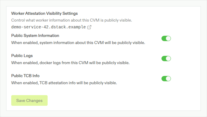 Worker Attestation Visibility Settings with the Public Logs switch enabled