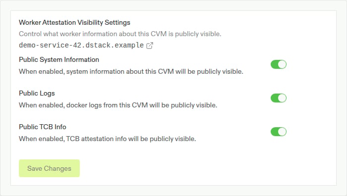 Worker Attestation Visibility Settings with the Public Logs switch enabled