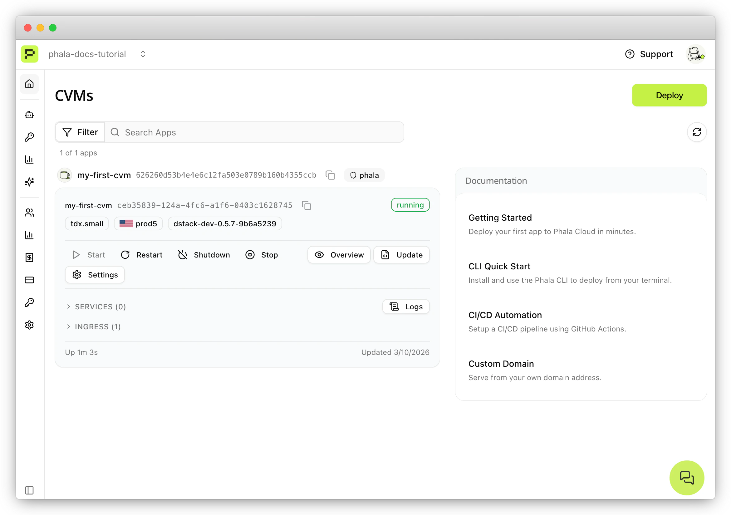 CVMs page showing my-first-cvm with running status, tdx.small instance on prod5