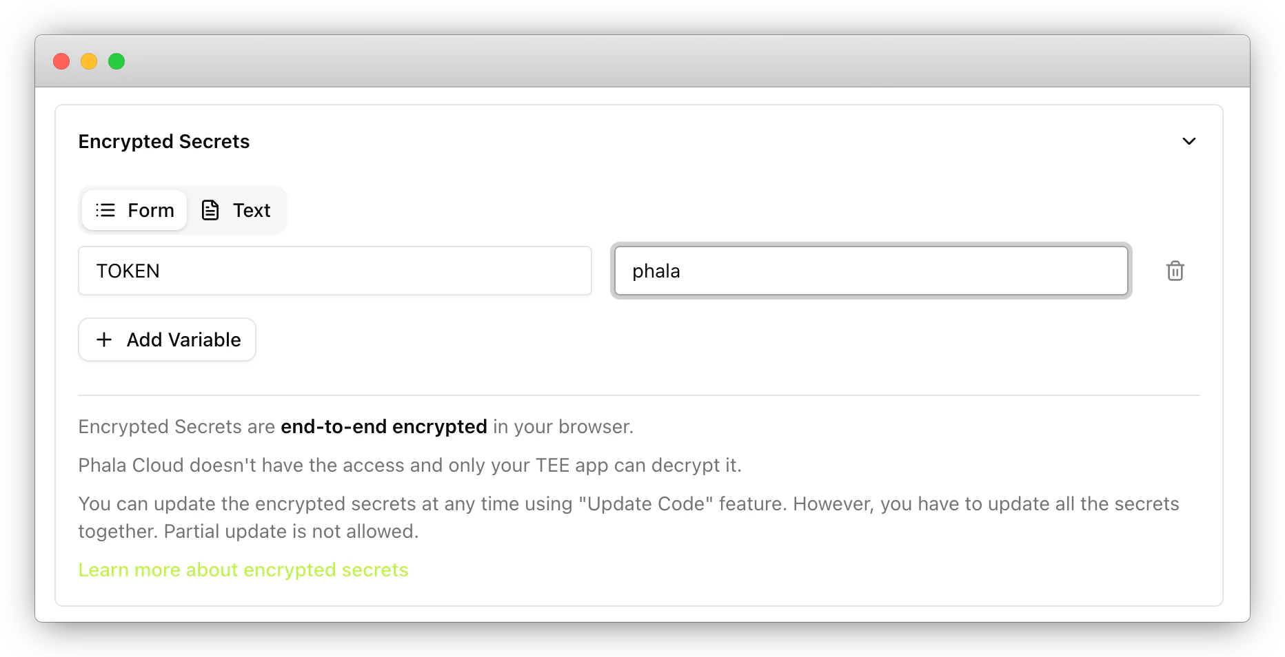 Encrypted Secrets section expanded showing TOKEN key set to phala value