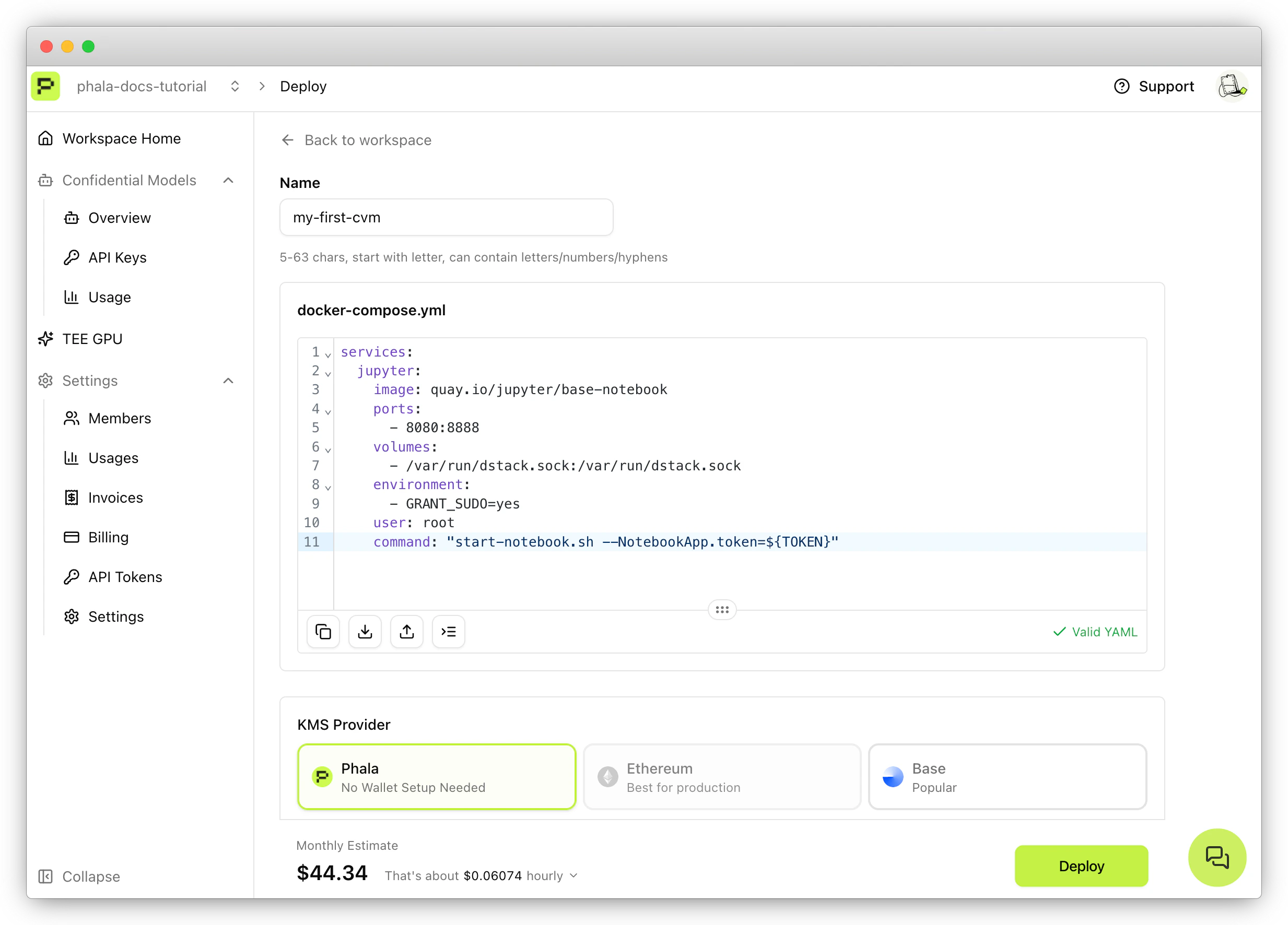 Deploy page showing name field set to my-first-cvm and docker-compose.yml editor with Jupyter Notebook configuration