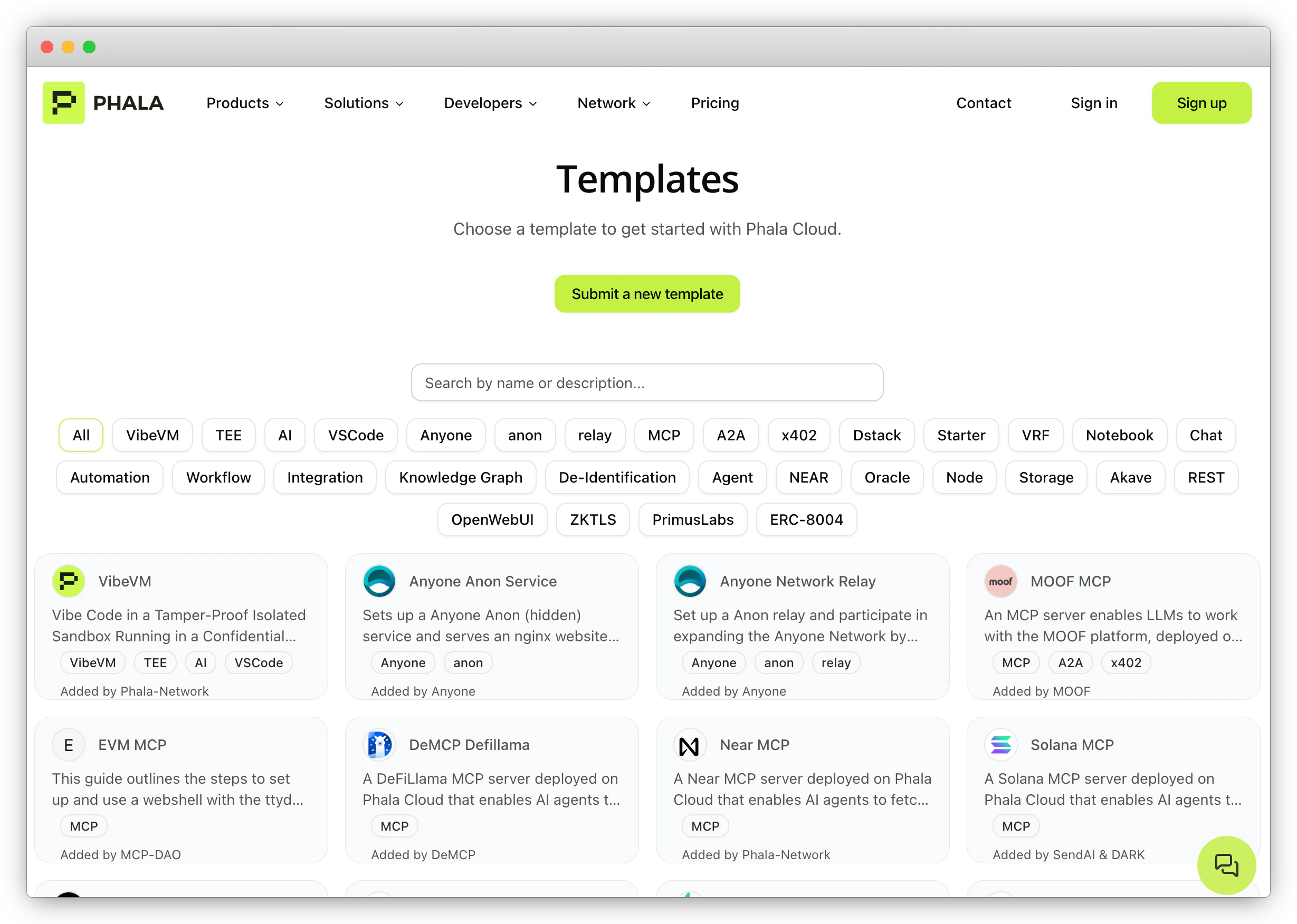 Phala Cloud Templates page with search bar and category filters including VibeVM, TEE, AI, MCP, A2A, x402, and more