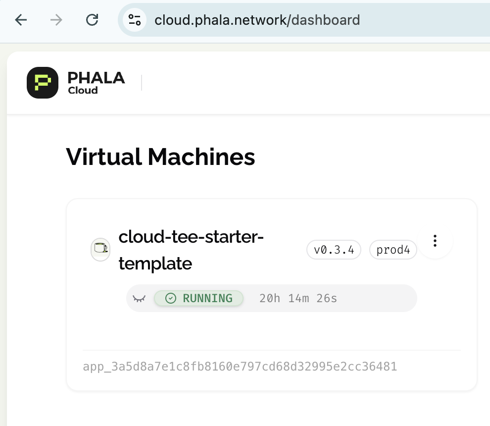 Phala Cloud Virtual Machines dashboard displaying running cloud-tee-starter-template CVM with status and app ID