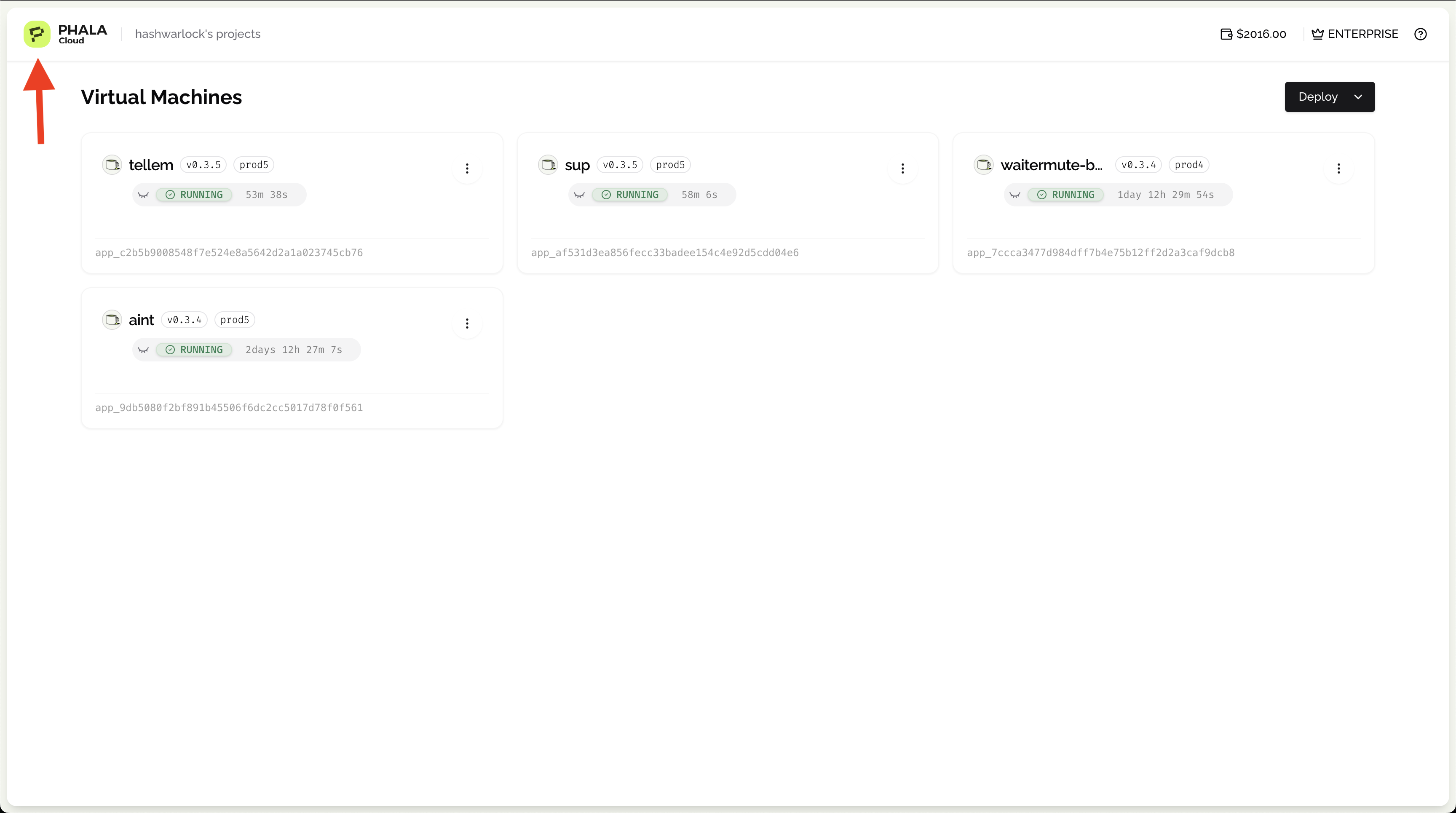 Phala Cloud dashboard with logo highlighted in top left corner