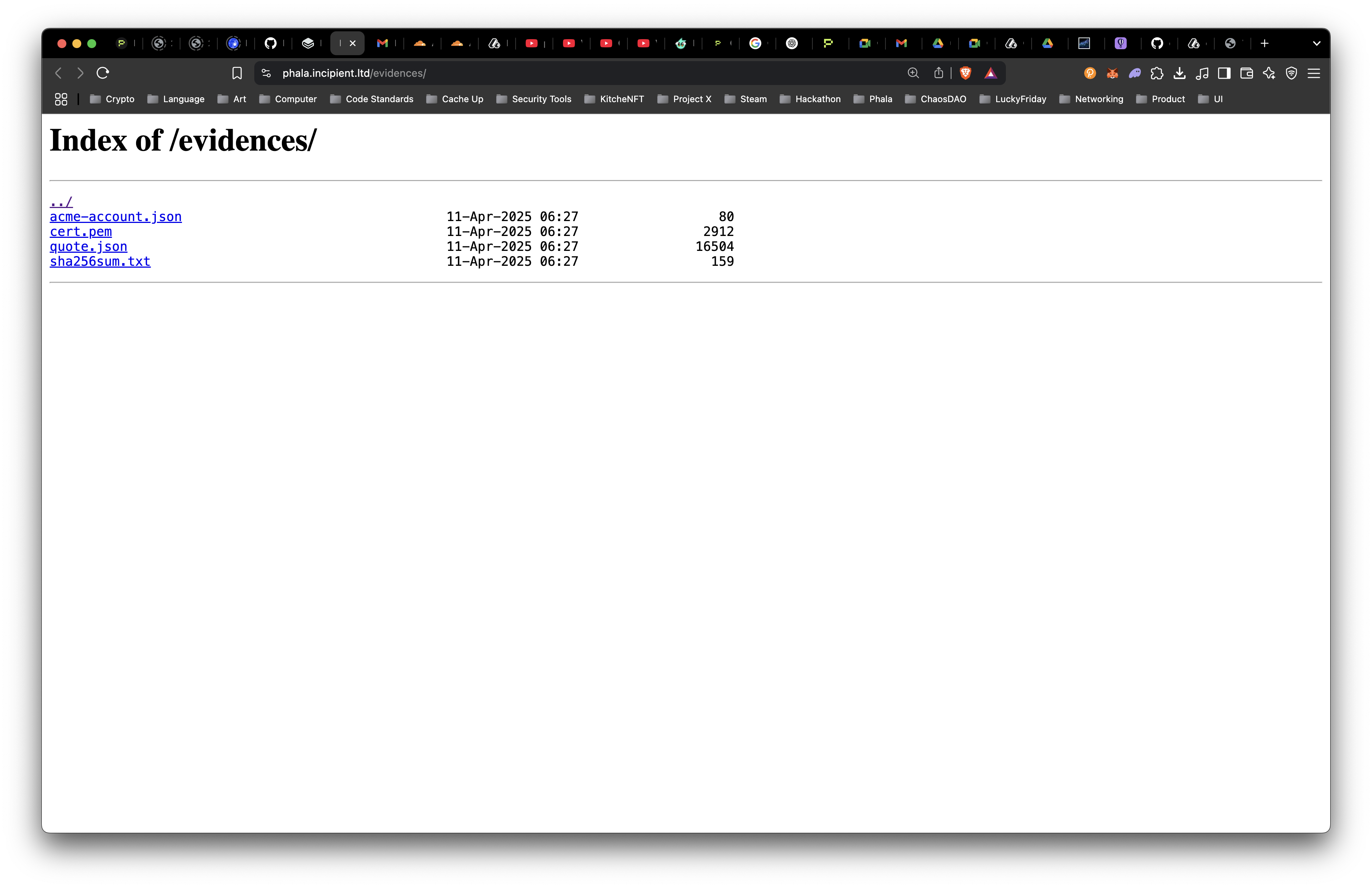 Browser showing /evidences/ directory listing with four files: acme-account.json, cert.pem, quote.json, and sha256sum.txt with timestamps and file sizes