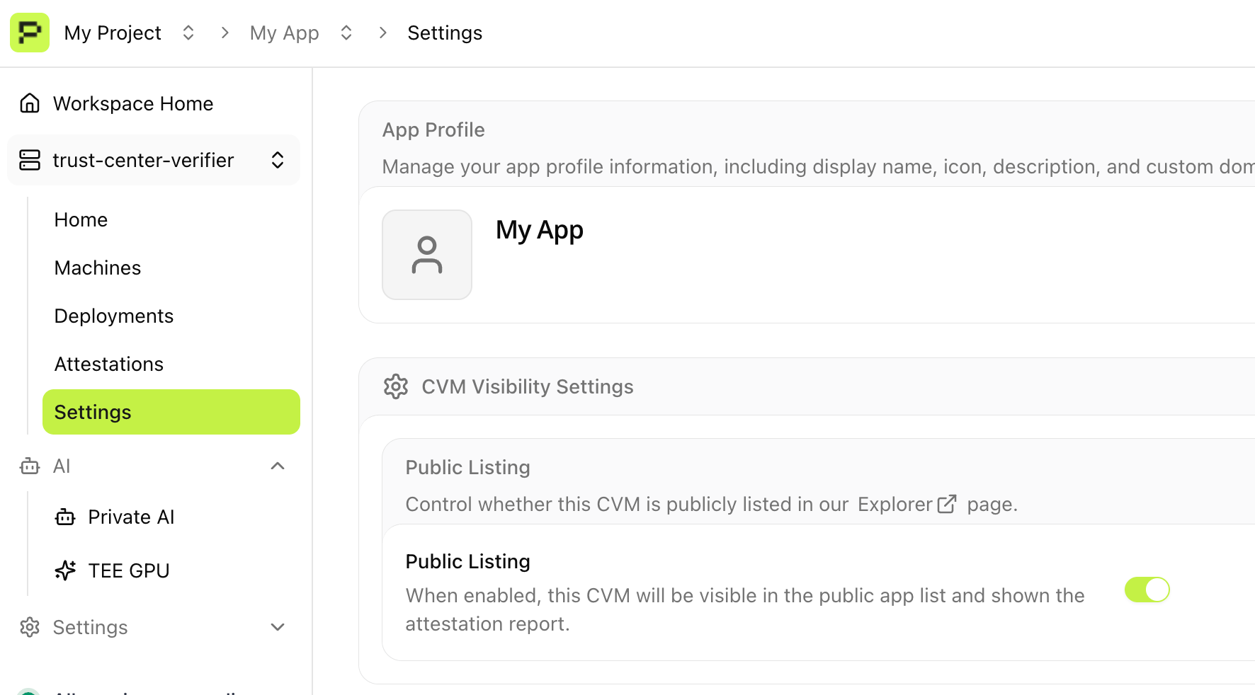 Public listing toggle in application settings