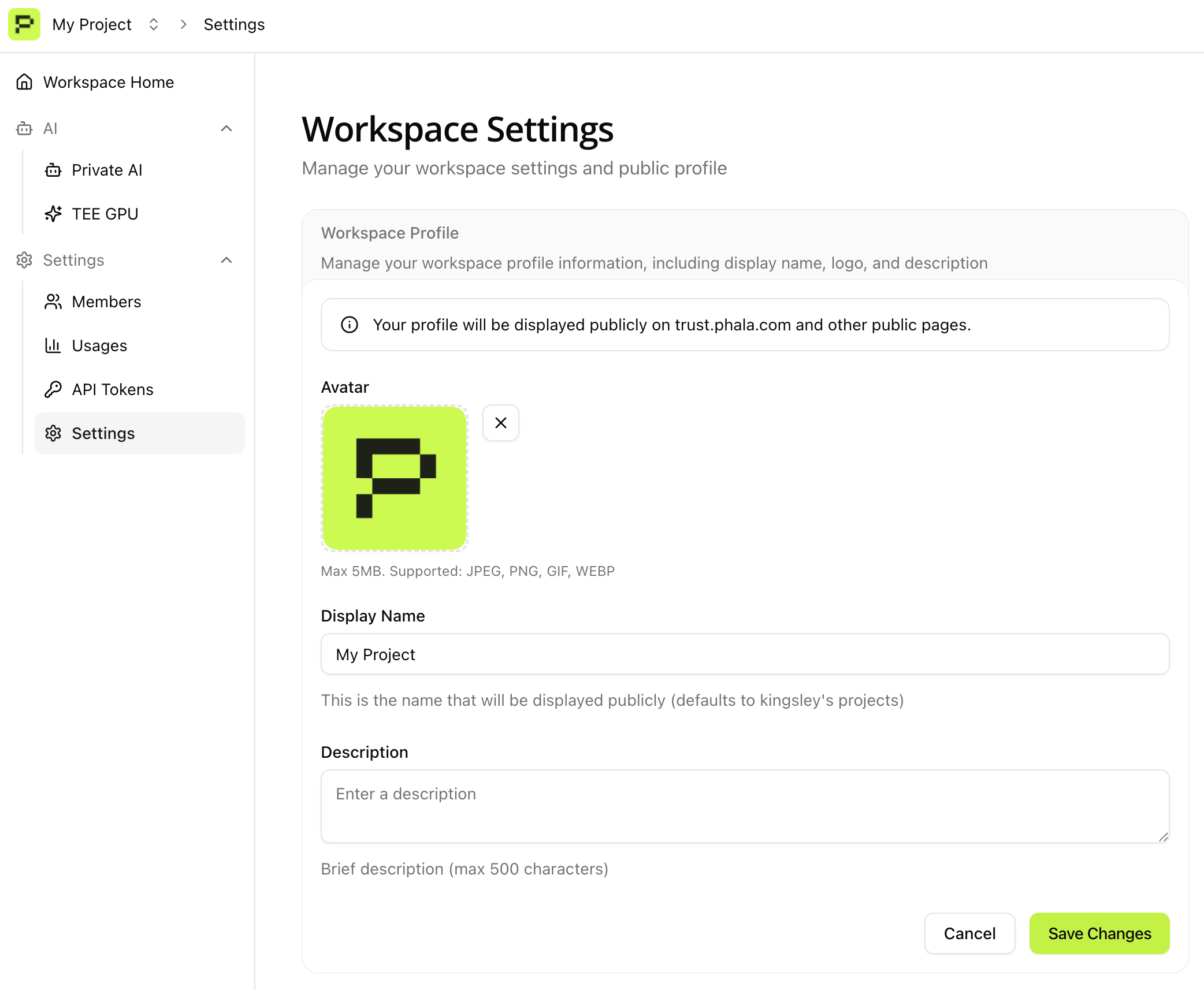 Workspace profile configuration page