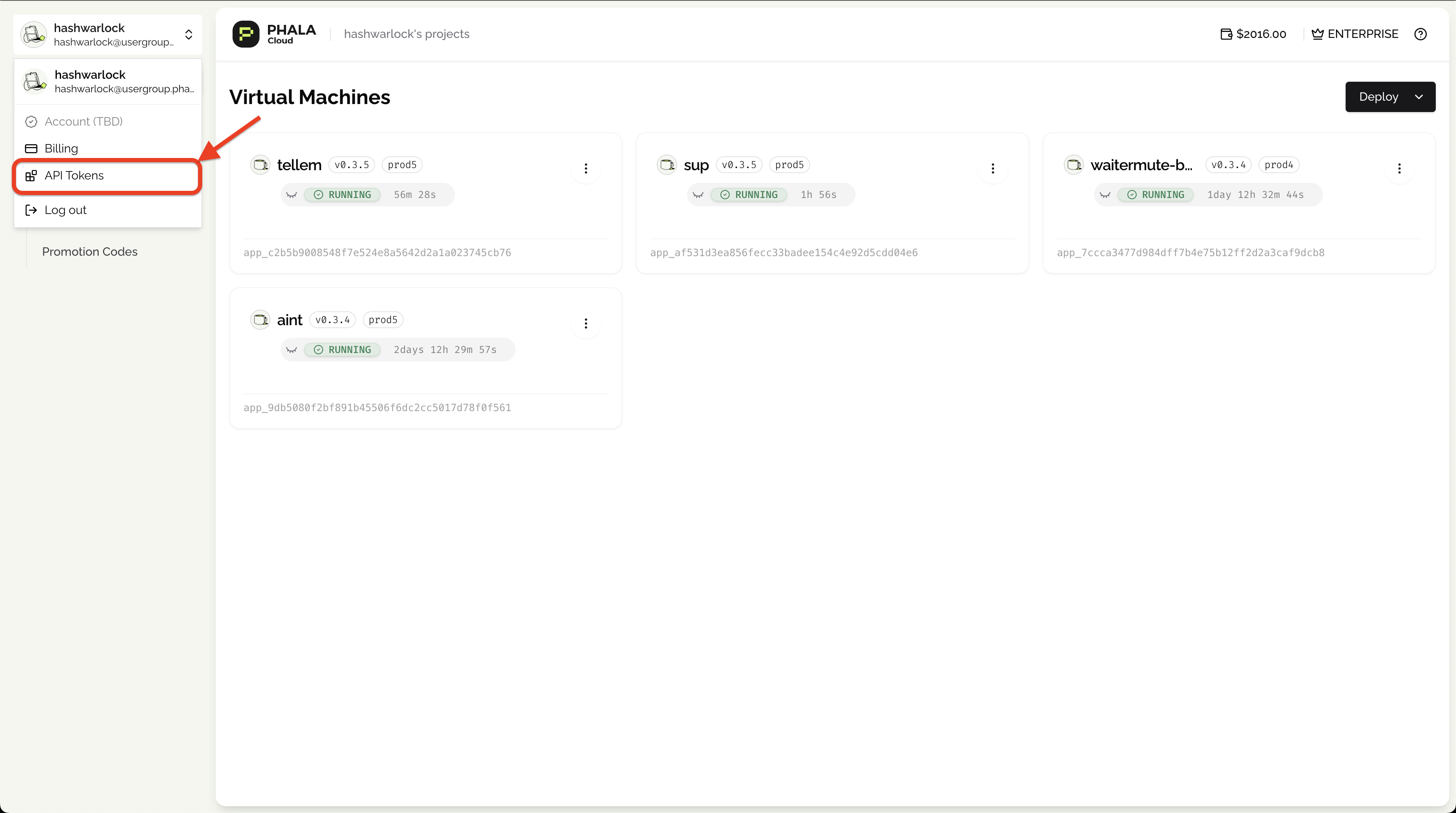 User dropdown menu with API Tokens option highlighted