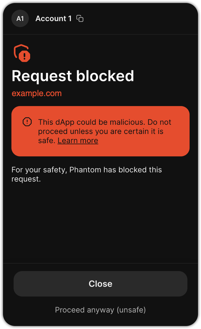 Warning displayed when Phantom can’t confirm the safety of a transaction Warning displayed when Phantom can’t confirm the safety of a transaction