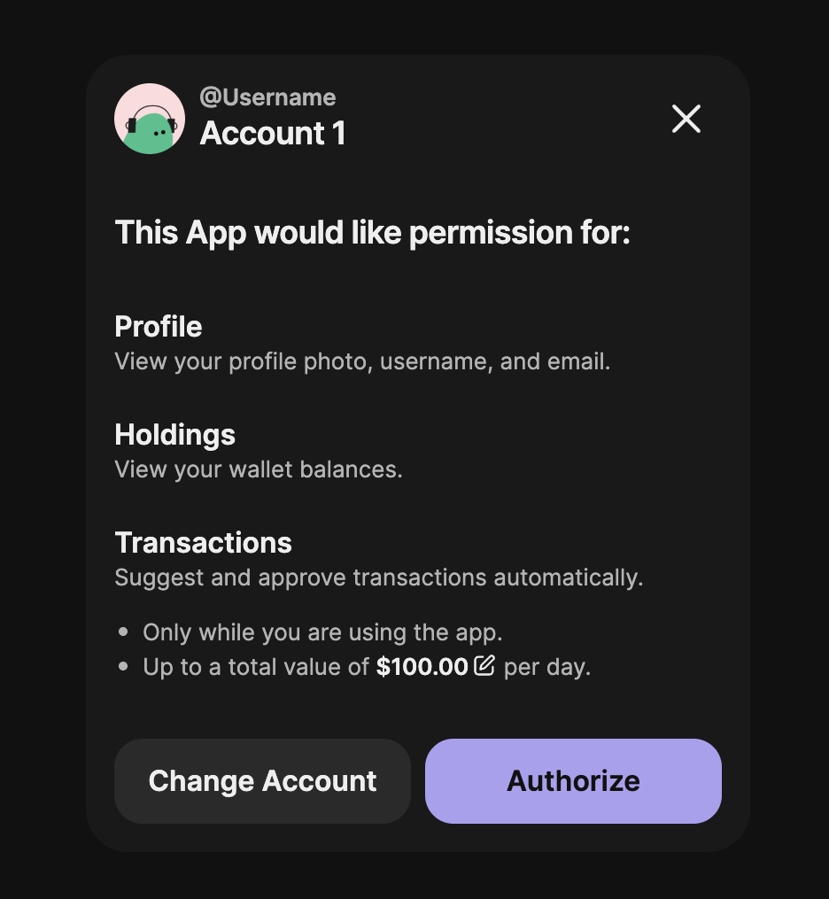 Phantom Connect permissions screen showing spending limit