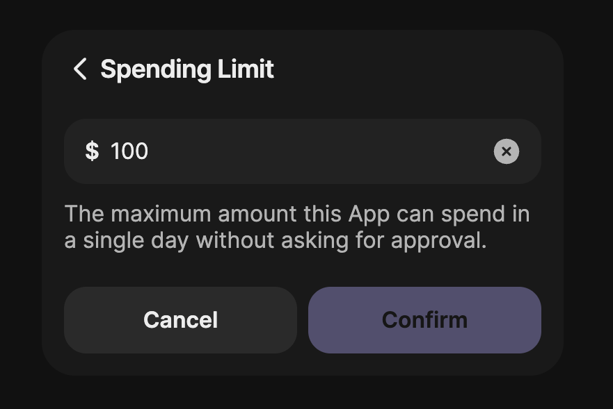 Phantom Connect spending limits configuration screen