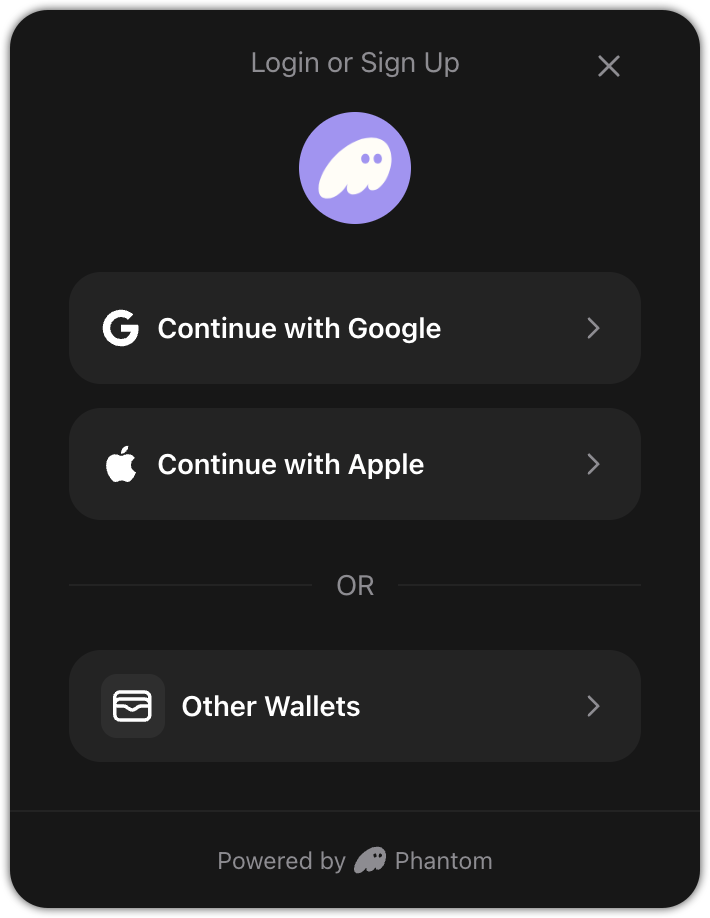 Connect modal showing login options with Google, Apple, and Other Wallets