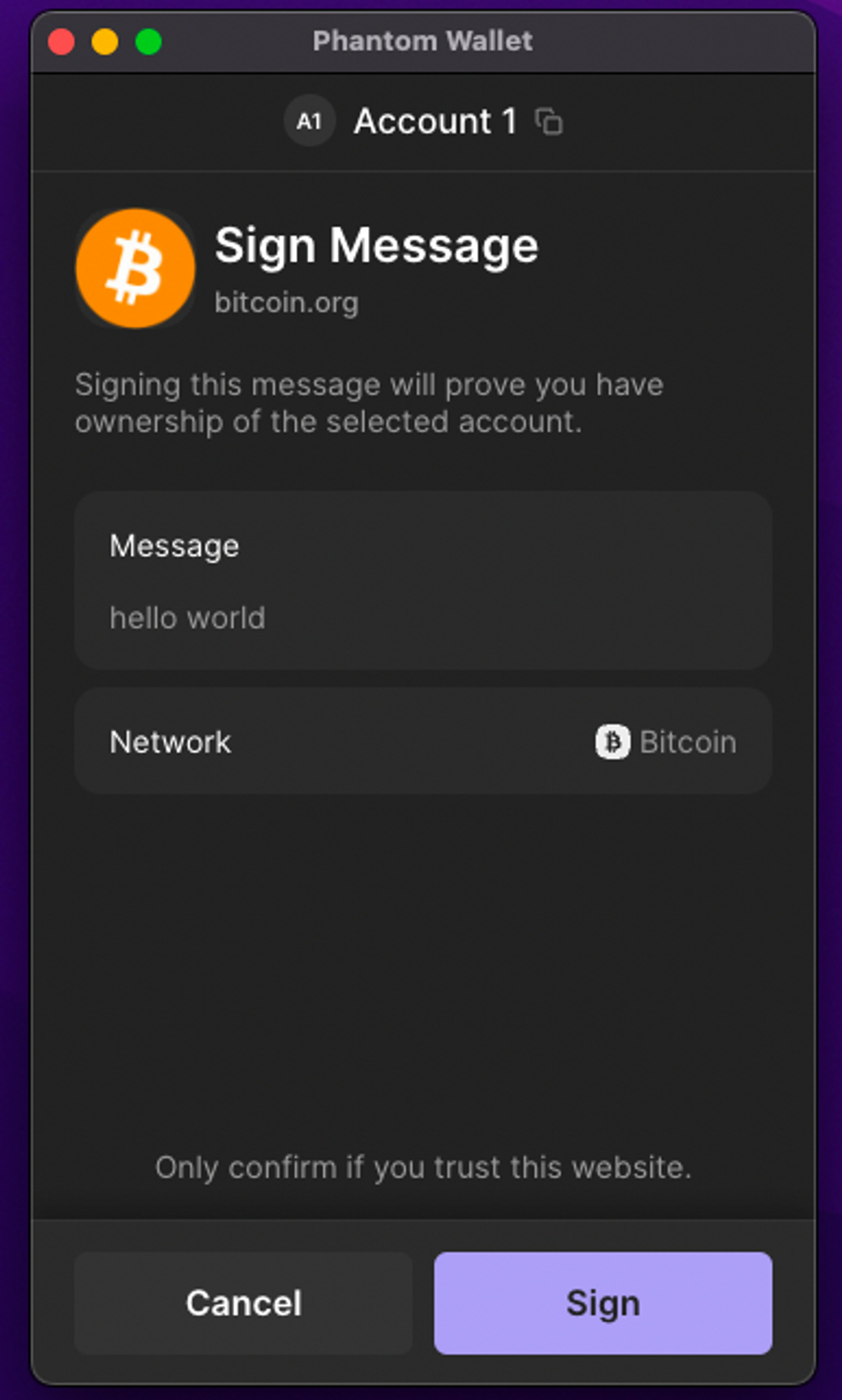 Signing a message in the Phantom browser extension