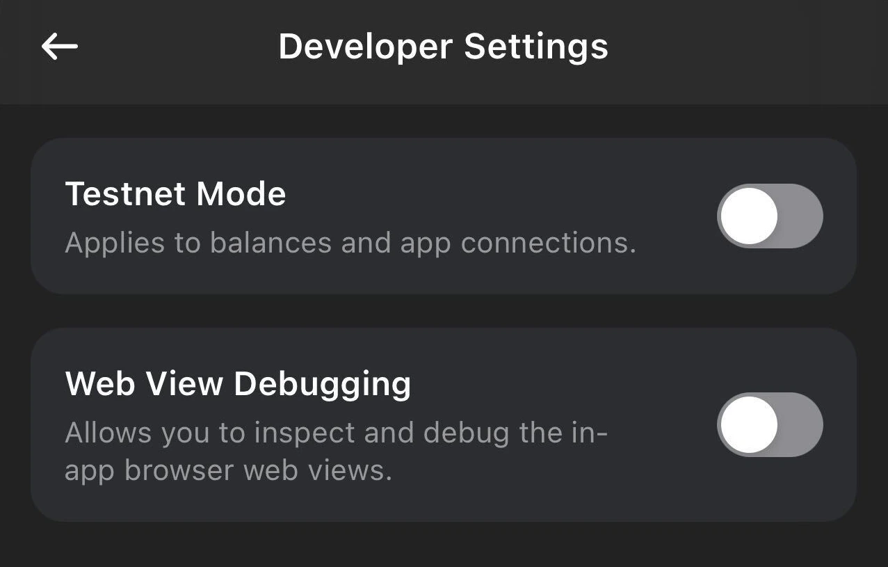 Testnet mode toggle in Developer Settings